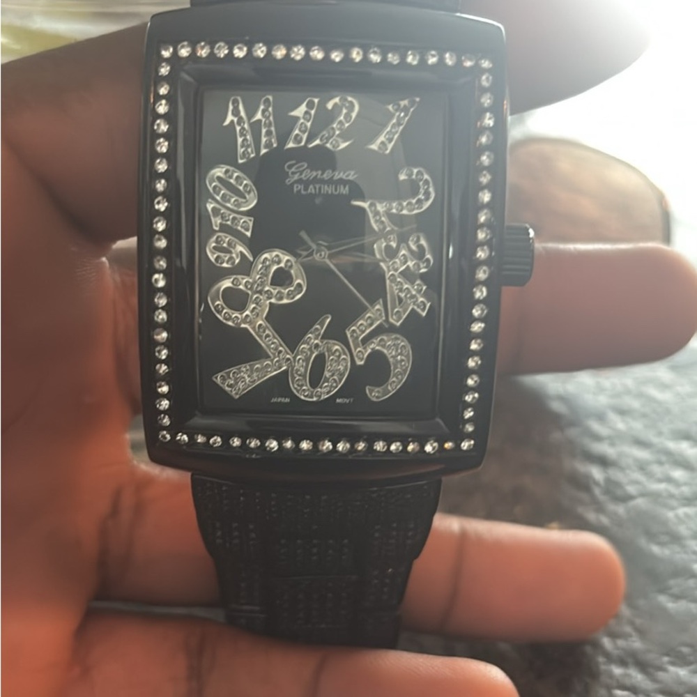 Geneva Platinum Black Watch with Crystal Accents